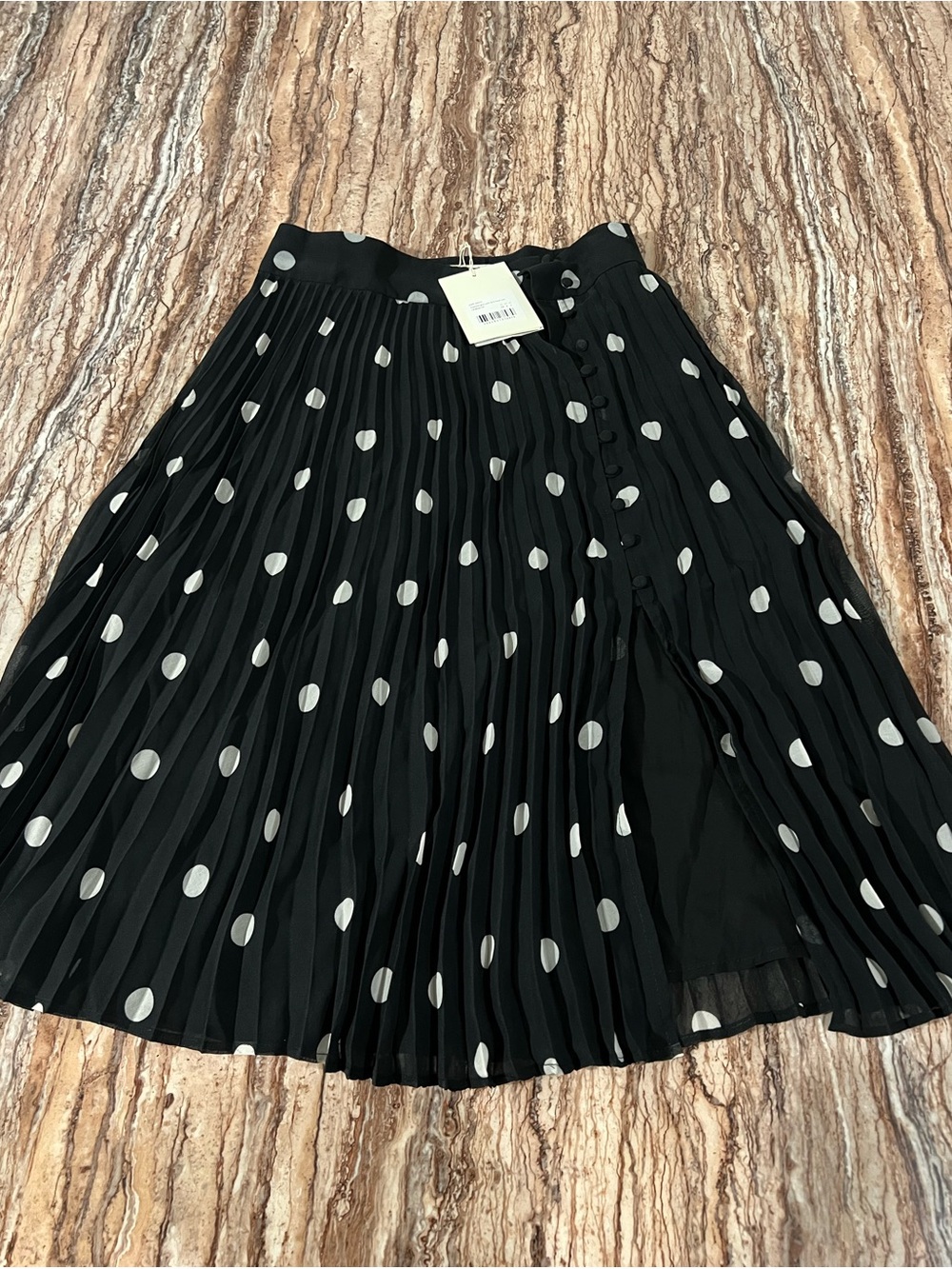 Sézane Black Pleated Midi Skirt with White Polka Dots